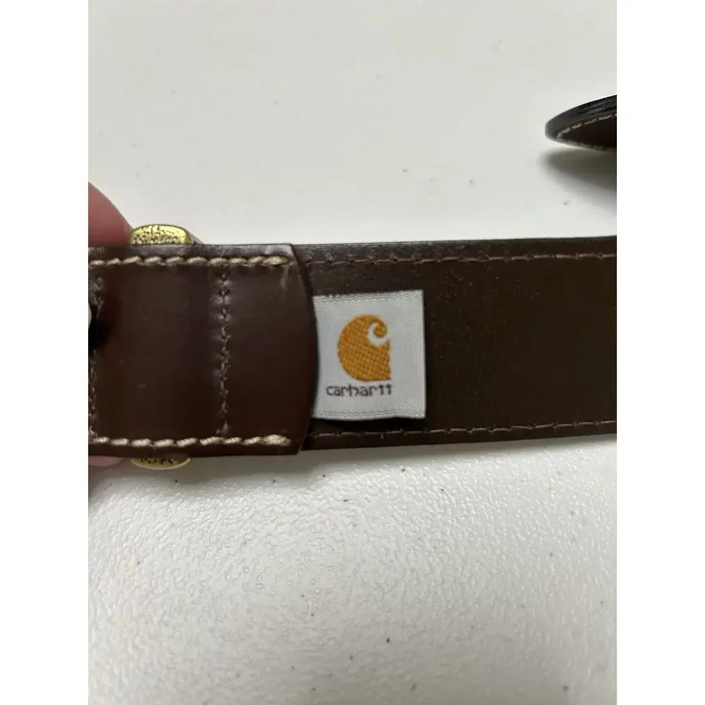 Carhartt Brown Leather Belt, Logo Brass Colored Buckle 2200 Size 44